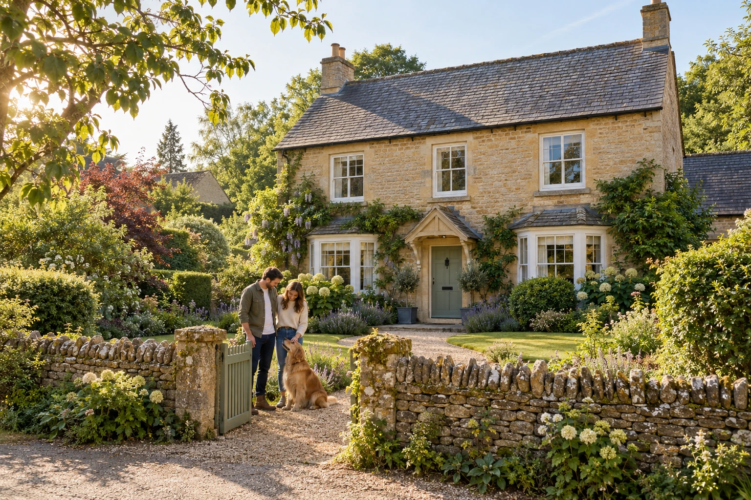 A welcoming stone home with a leafy garden, a couple and their golden retriever