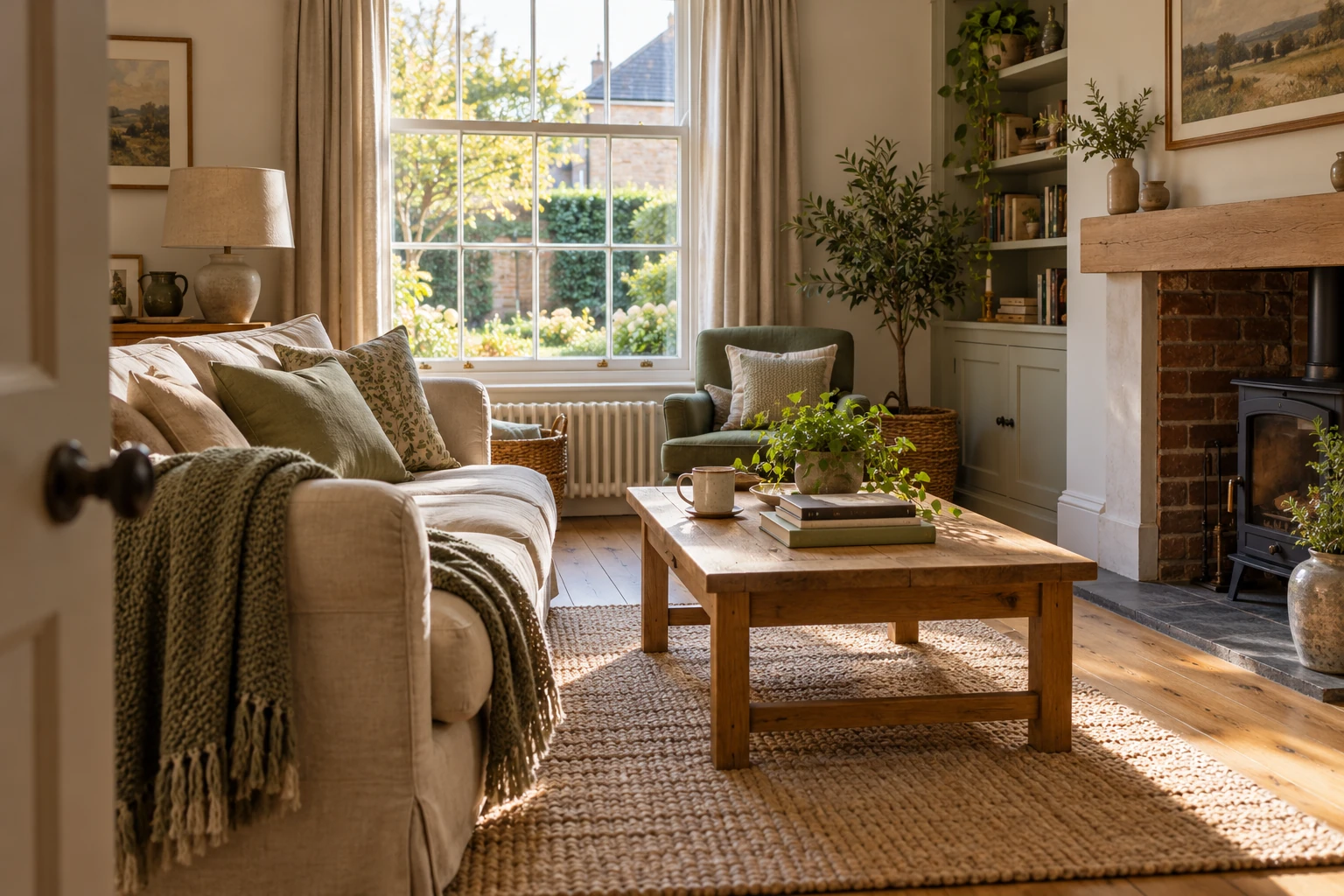 A cosy English sitting room with a linen sofa, oak coffee table and soft garden light