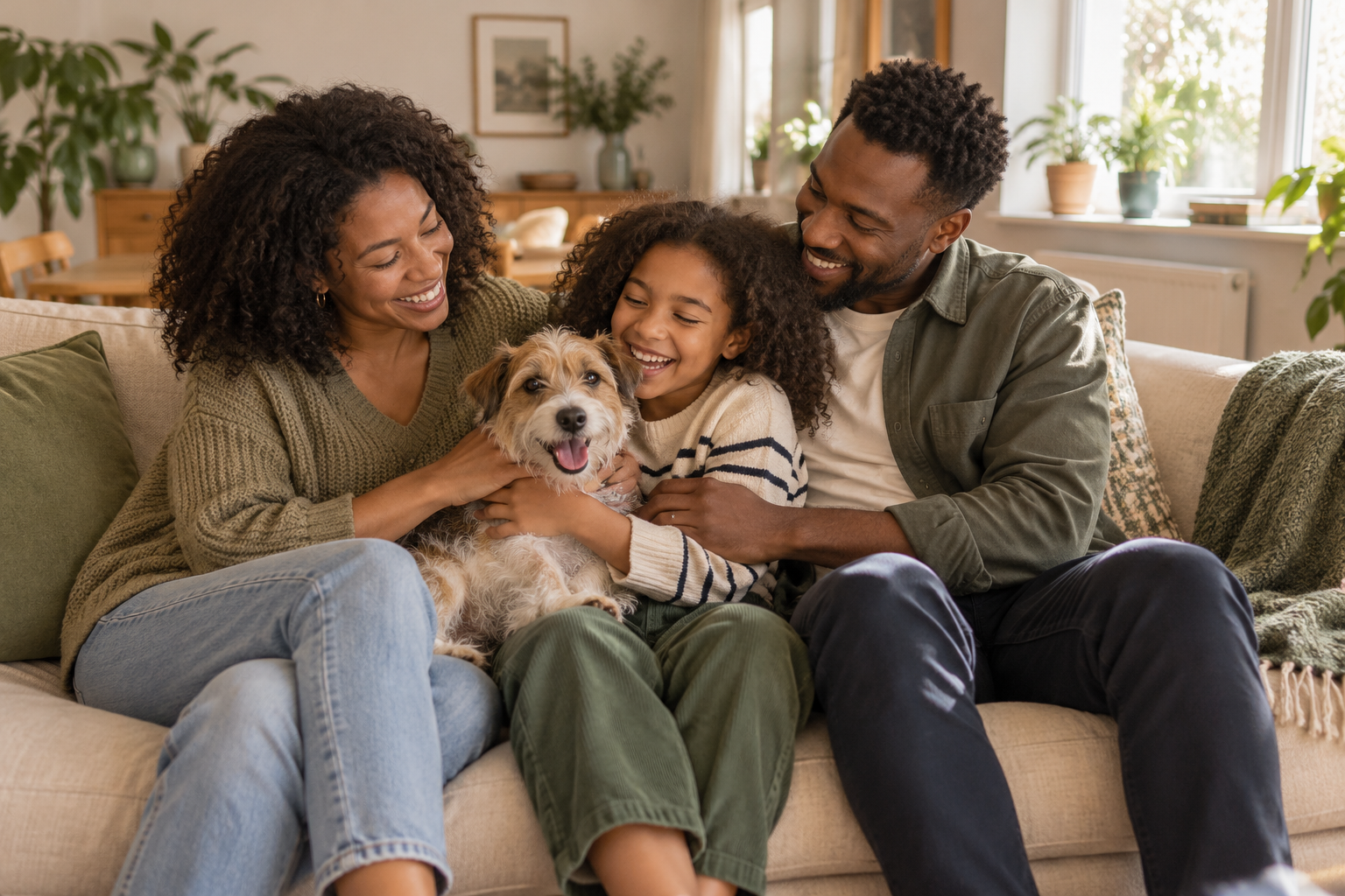 A family cuddling their terrier in a cosy, sunlit living room
