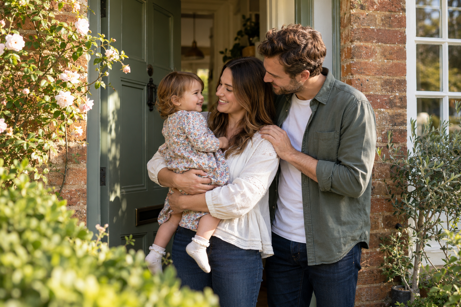A family sharing a happy moment at the front door of their home
