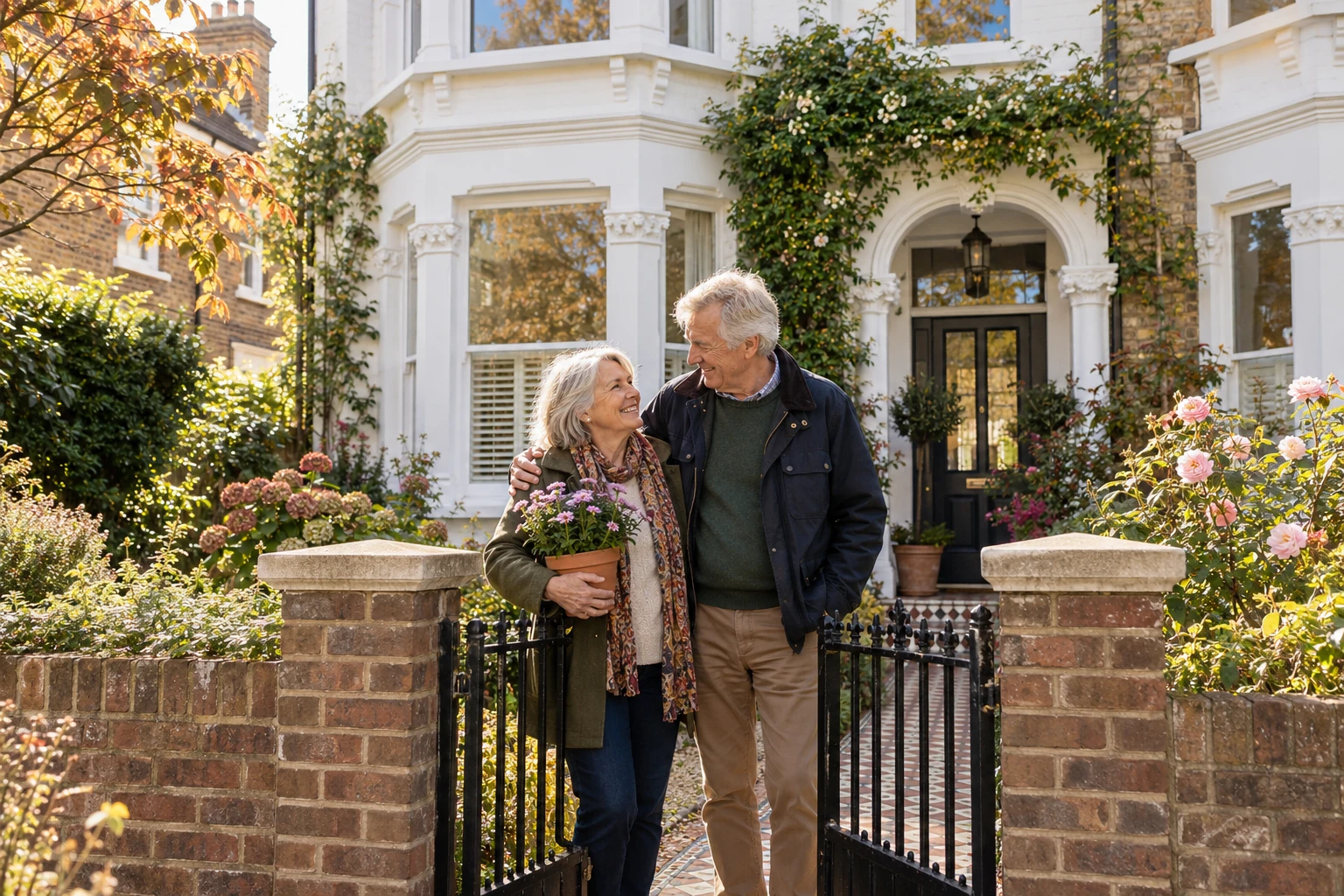 A couple sharing a warm moment beside their garden gate