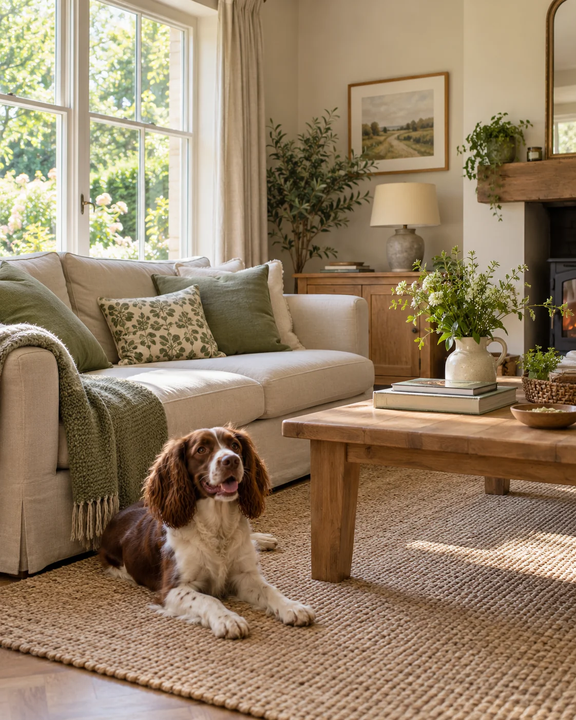 A friendly spaniel resting beside a linen sofa in a bright, welcoming home living room