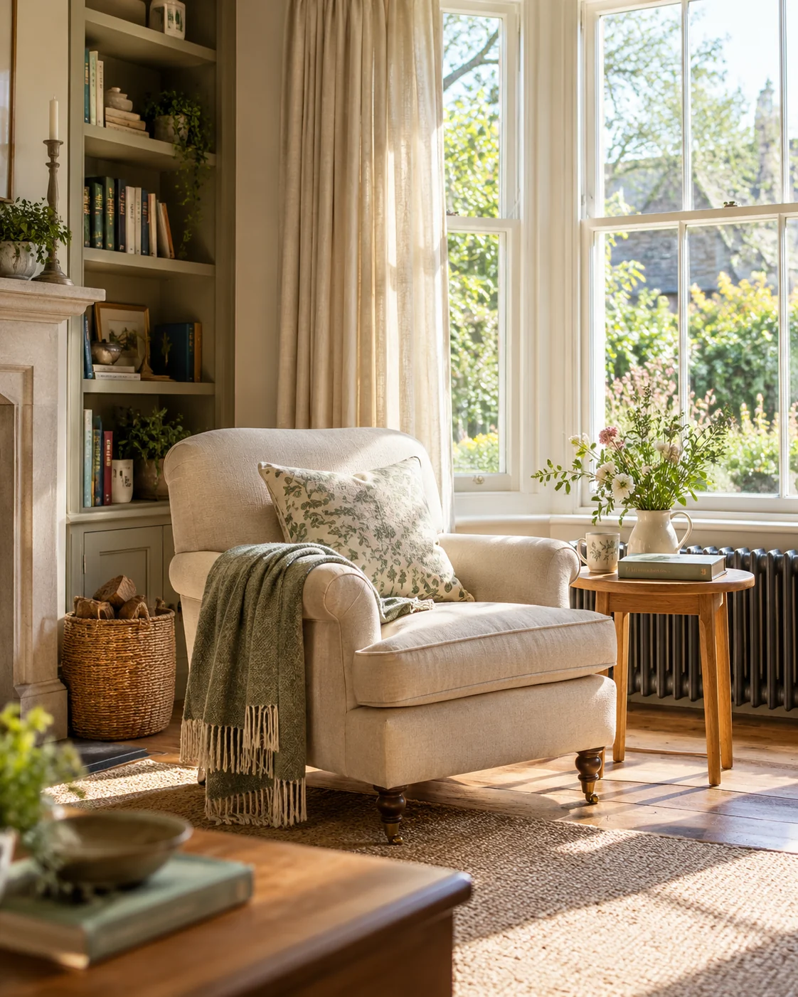 A soft armchair, flowers and books in a sunlit home reading corner beside a bay window